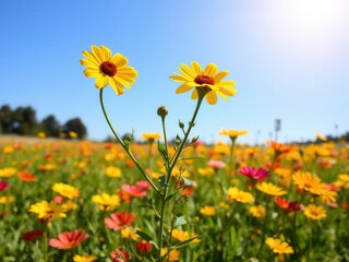 Obraz premium Vibrant daffodil flowers blooming in a lush green field under the bright sun, bright, plant, sunny day