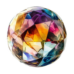 Crystalline Faceted Orb: Transparent Sphere With Multi-Colored Reflections On A White Background