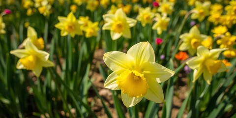 Obraz premium Vibrant yellow daffodil flowers blooming in a lush green field, daffodil, garden, beauty