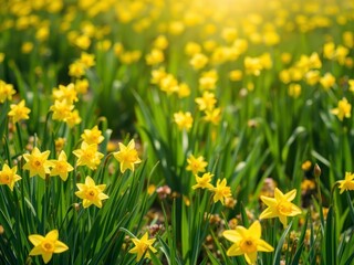 Obraz premium Vibrant yellow daffodil flowers blooming in a lush green field under the bright sunlight, field, sunlight, nature