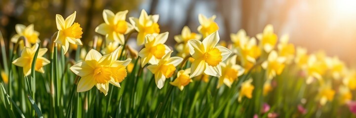 Obraz premium Vibrant yellow daffodil flowers swaying in a sunlit field, sunshine, floral, outdoors