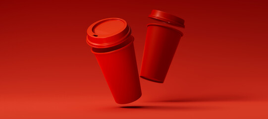 Two Minimalist Red Blank Paper Coffee Cup with open lid floating above red background. Takeaway paper coffee cup fly, 3d render illustration