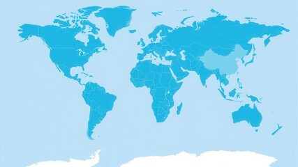 World political map in blue and white colors, showing all countries and borders, geography, territories
