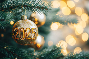 Golden 2025 Ornament Hanging on Christmas Tree