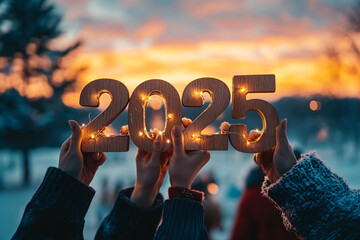 Wooden numbers forming 2025 wrapped in warm lights, held by a group at sunset in a snowy outdoor setting