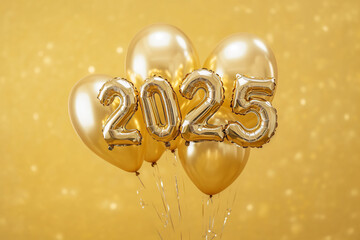 Shiny gold foil balloons forming the numbers 2025 on a matching golden background with a festive atmosphere