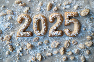 Cookies shaped as the numbers 2025 sprinkled with powdered sugar and surrounded by small dough pieces