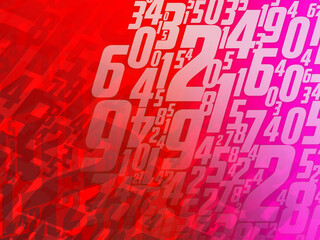 abstract blur white numbers and blur stacked on gradient pink and red background, business, banner, template, maths, copy space