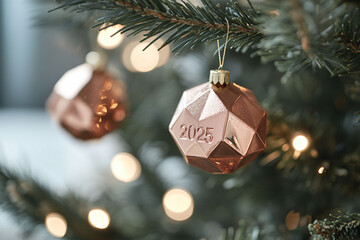 Rose gold Christmas ornament engraved with the numbers 2025 hanging on a tree branch with blurred festive lights
