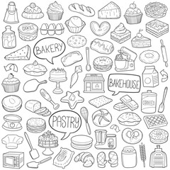 Bundle Bakery Pastry Shop Traditional Doodle Icons Sketch Hand Made Design Vector.