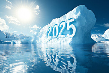Frozen numbers 2025 carved in ice, floating on a glacier under the sunlight