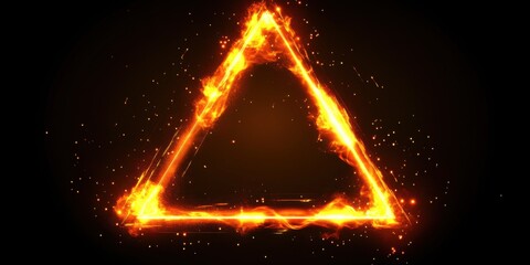 Neon-inspired abstract triangle frame, glowing bright in shades of orange and yellow on a black background