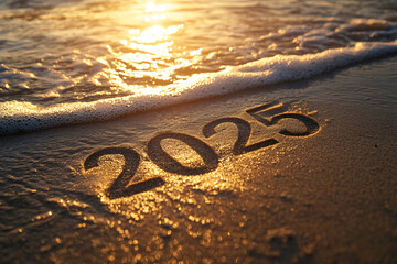 2025 written in sand with a gentle ocean wave washing over it