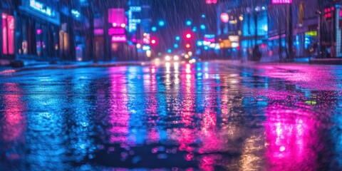 Fototapeta premium Rain-drenched street in a cyberpunk metropolis, neon pink and blue lights flickering, reflecting off the wet pavement