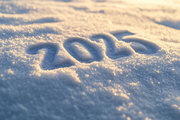 The numbers 2025 neatly written in fresh snow under soft natural light