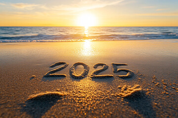 2025 written in sand with a gentle ocean wave washing over it