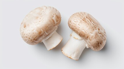Fototapeta premium Two White Mushrooms on White Background, Food Photography, Close Up, Raw Mushrooms, Edible Fungi