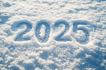 The numbers 2025 neatly written in fresh snow under soft natural light