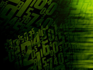 abstract numbers are in the upper left corner. and blur numbers, speed line is on the right, gradient green and black background, technology, decor, fashion, business, maths, copy space