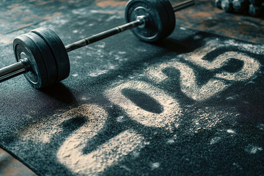 The numbers 2025 written in white chalk dust on a gym floor next to a loaded barbell