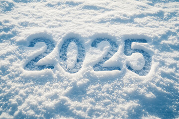 The numbers 2025 neatly written in fresh snow under soft natural light