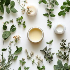 Obraz premium Natural Beauty Products with Herbal Ingredients and Green Leaves on Light Background