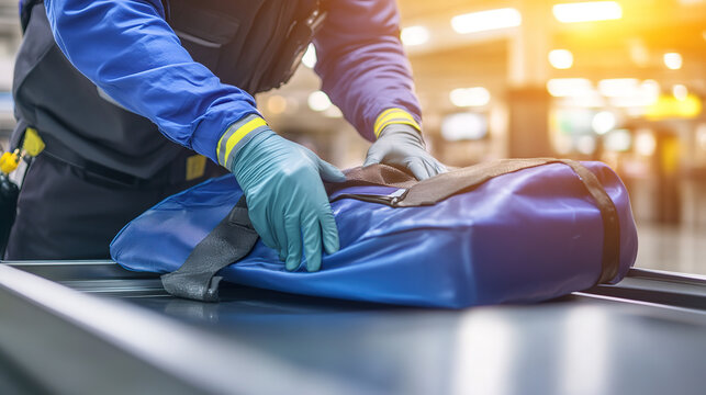 Security personnel meticulously inspecting luggage at airport checkpoint, ensuring safety and compliance with travel regulations. The scene emphasizes the importance of thoroughness in maintaining pub