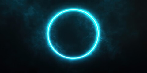 Obraz premium Sophisticated neon frame in bright cyan, glowing gently around a deep, black surface