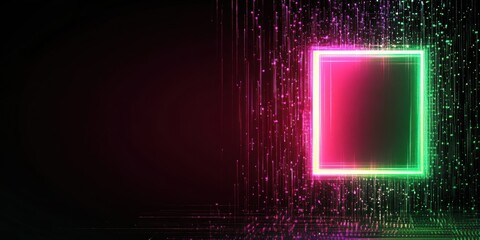 Vibrant neon pink and green abstract frame with glitch effects, glowing on a black backdrop