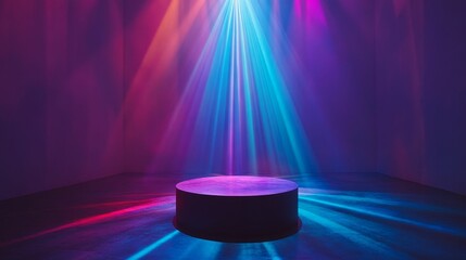 Dark room, colorful lighting, cylindrical platform.