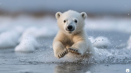 A newborn polar bear cub playfully pawing at the snow under a clear Arctic sky,