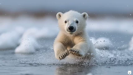 Gardinen A newborn polar bear cub playfully pawing at the snow under a clear Arctic sky, © Bevi_bee