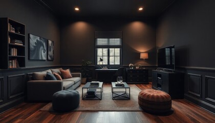 Dark and Moody Student Living Room with deep colors, dark woods, and rich fabrics. The skirting boards are painted in a rich dark gray or charcoal