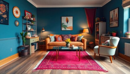 Bohemian Chic Student Living Room with vibrant colors, eclectic furniture, and artistic textiles. The skirting boards are painted in a muted gold or brass