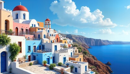 Colorful Mediterranean town hugs ocean coastline. Blue, white buildings create charming scene. Traditional architecture. Ocean water. Sunny day. Summer vacation destination. Scenic view. Picturesque