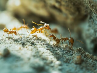 Fototapeta premium ants exploring rocky terrain in sunlit natural environment