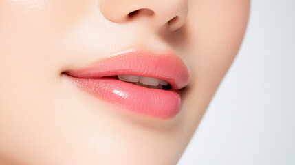 Close-up view of a woman's lips showcasing natural pink color and smooth texture under soft lighting