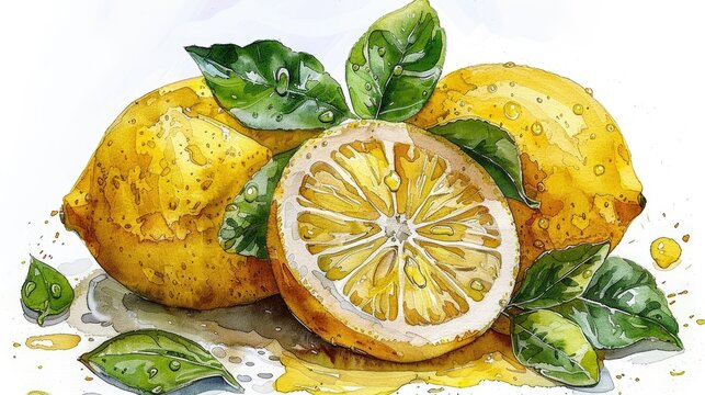 A vibrant illustration of lemons, showcasing their freshness and zest with green leaves.