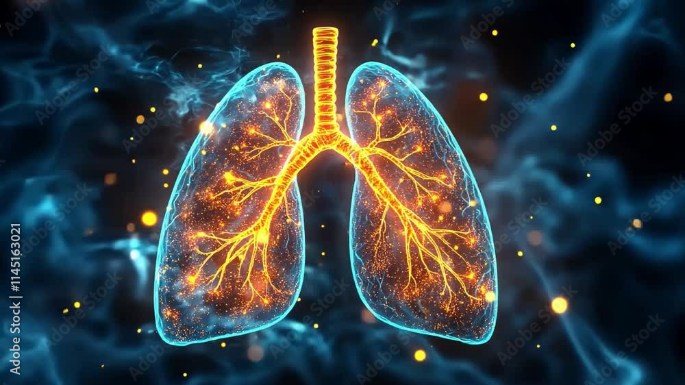 Poster dynamic visual representation of human lungs illuminated with glowing network details