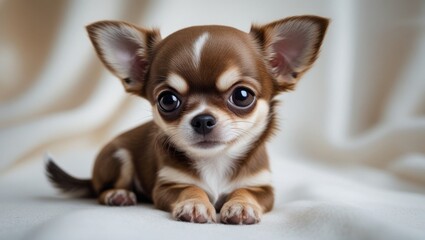 Obraz premium Tiny chihuahua puppy. Adorable brown Chihuahua puppy with big eyes lying on soft fabric background, looking curiously 