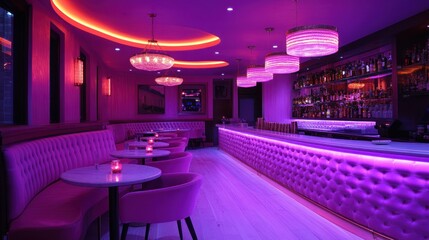 Luxurious purple bar interior with glowing LED lighting, plush seating, and crystal chandeliers.
