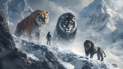 A massive wolf tiger lion and gorilla surround a person on a snowy mountaintop their cold stares piercing through the icy air.