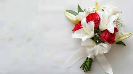 Fototapeta premium Elegant bouquet of red roses and white lilies, styled with silk ribbons for Valentine's Day fashion inspiration.
