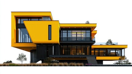 Modern yellow and black house architectural design rendering.