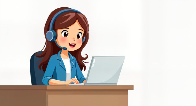Cute cartoon avatar woman works as tech support agent. Happy girl wearing headset communicates with client via computer. Provides online tech service. Cheerful support staff at call center. Person at