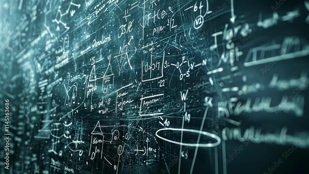 Aufkleber a blackboard with equations and clues related to particle physics.