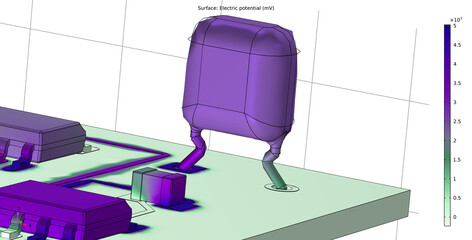 Computer 3d modeling of printed circuit board of electronic device. Investigation of  distribution of electric potential on surface of pcb, conductors, components  (capacitor, integrated circuit). © TKalinovskaya