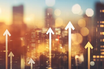 Abstract background with arrows pointing upwards and city buildings in the blurred backdrop, symbolizing business growth or financial success Generative AI