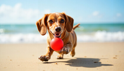 Miniature dachshund, playful and excited, running on beach with red ball
