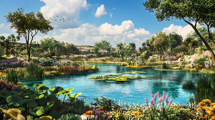The landscape demonstrates a vibrant green oasis that is teeming with life, exotic plants and diverse flora and fauna. there is a clear blue pond in the center. Oasis. Illustration